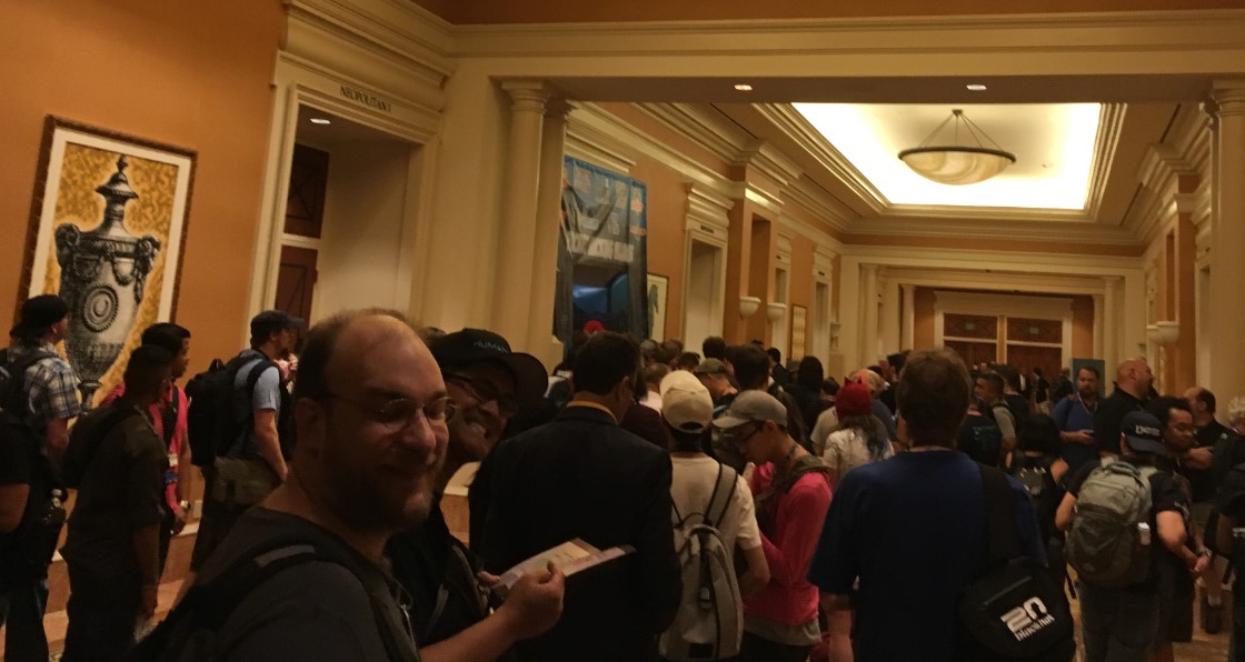 Conference attendees in a hallway