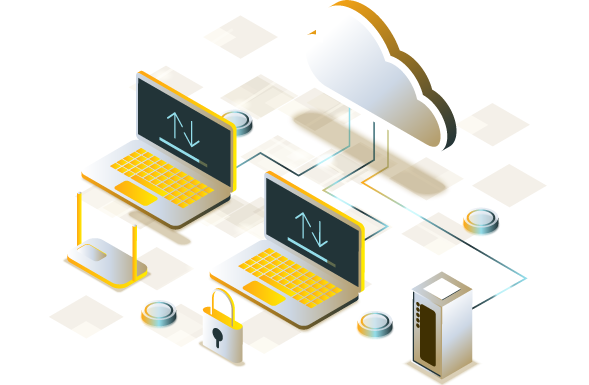 Graphic showing computers connecting to a network and the cloud