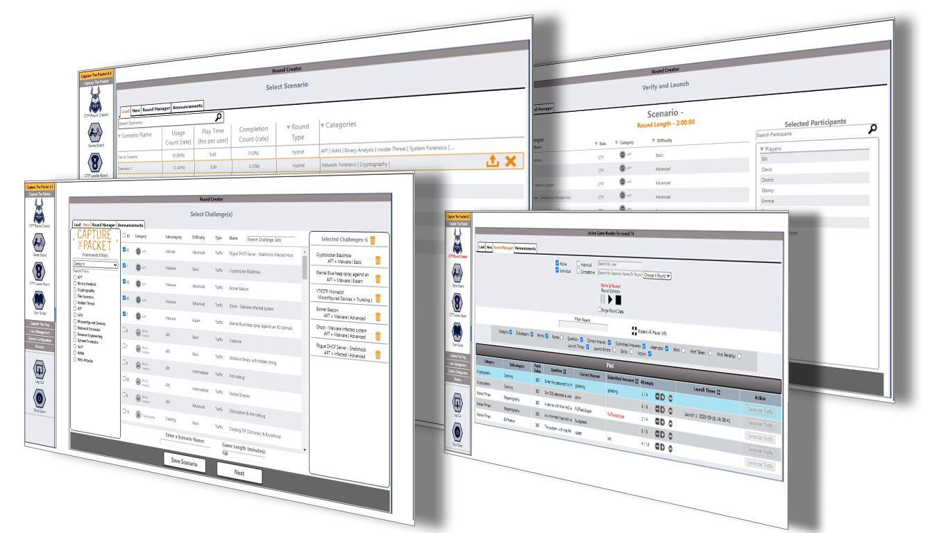 Sample screens from the Capture The Packet administrative interface