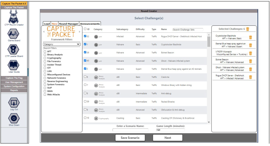 Challenge select screen from Capture The Packet