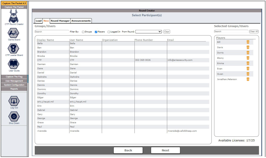 User administration screen from Capture The Packet