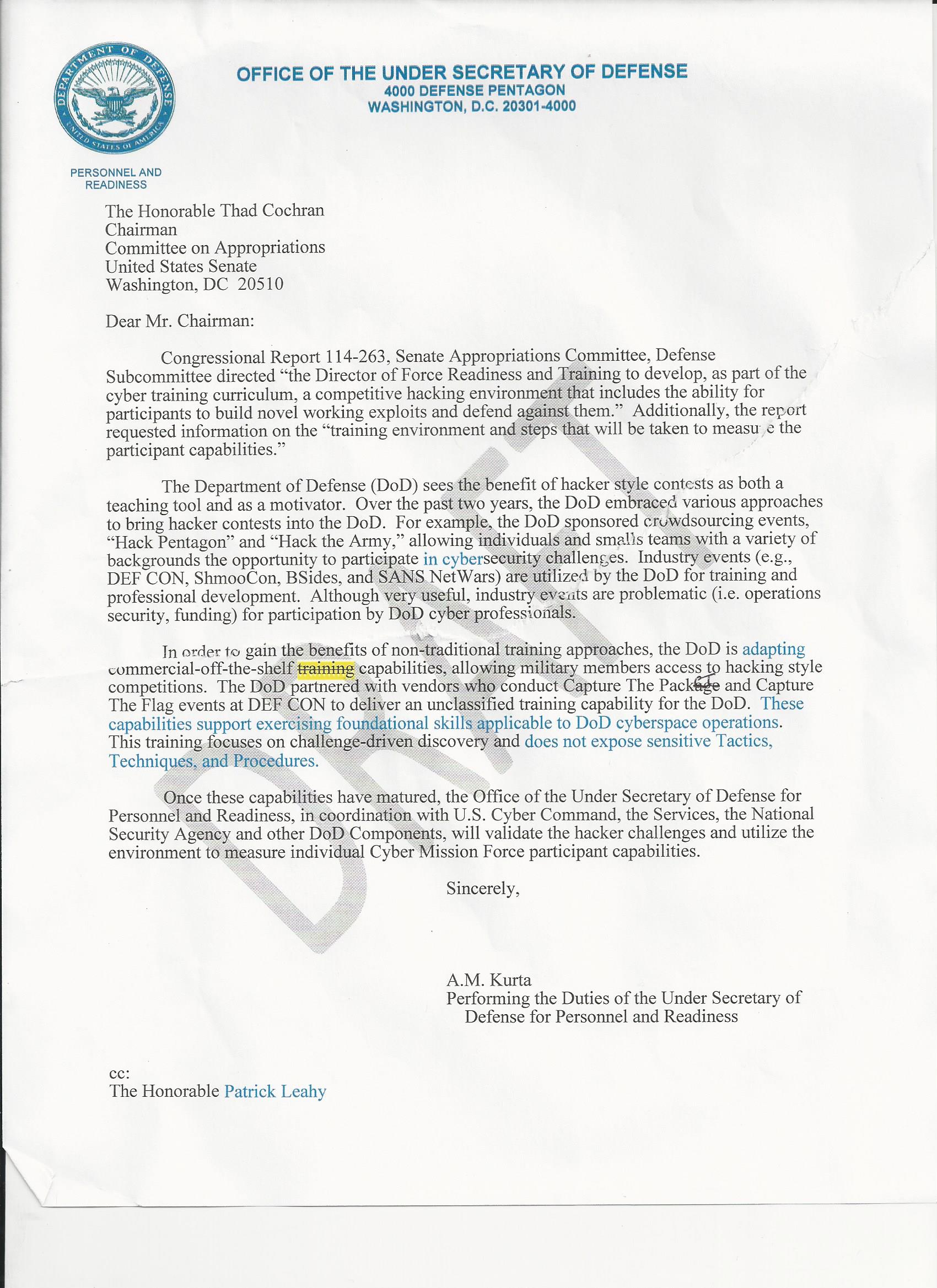 Letter from the Office of the Undersecretary of Defense Letter from the Office of the Undersecretary of Defense