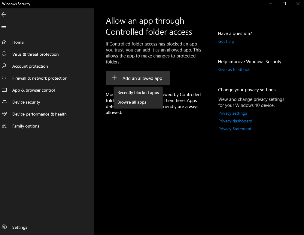 Screenshot of Controlled Folder Access Screenshot of Controlled Folder Access